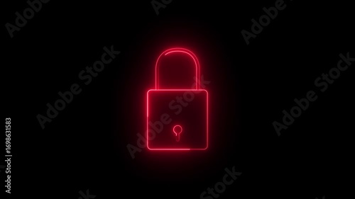 Glowing neon red lock and password icon animation. security encryption privacy padlock protection sign symbol. neon unlocked padlock icon. Neon sign lock technology icon animation.