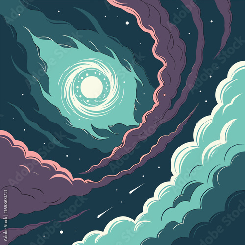 Cosmic Swirl With Clouds And Shooting Stars In Space