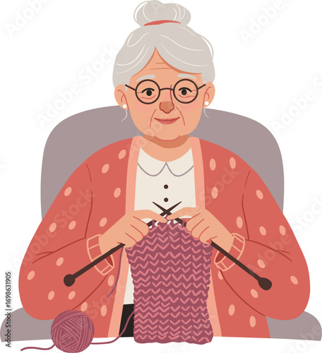 Elderly woman knitting with yarn and needles, cartoon grandmother wearing glasses and sweater sitting in chair doing needlework.