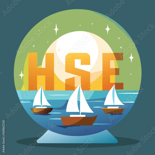 Crystal ball with boats and HSE letters at night
