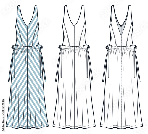 Striped long Dress with V-neck Technical Fashion Illustration. Maxi Dress fashion flat technical drawing template, front and back view, white, blue, drawstring, women CAD mockup set.