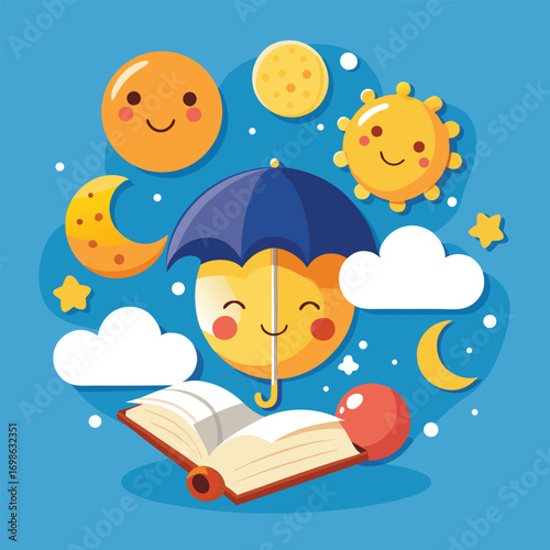 Cute sun and moon characters with open book and umbrella
