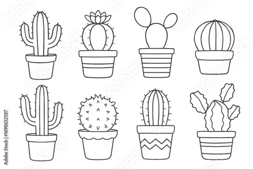 Collection of Adorable Potted Cacti Outline Drawings: A Diverse Set of Cute Succulent Houseplants in Various Pots, Perfect for Coloring Pages, Doodle Art, and Simple Botanical Illustrations in Black a