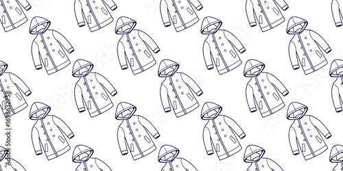 Seamless pattern of hooded coat outline in repeat style. Great for textile prints, apparel backgrounds, and modern fashion design. Perfect for branding, and fabric use.