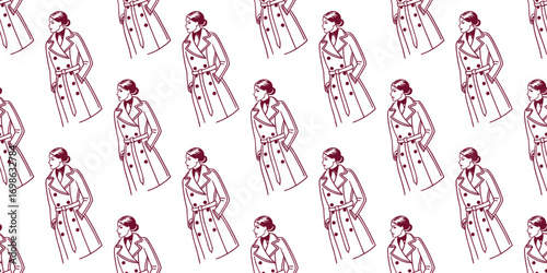 Seamless pattern of stylish woman in trench coat sketched in line art. Elegant repeating fashion background for textile, fabric, and wallpaper. Perfect for design, apparel, and branding projects.