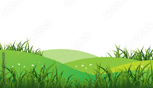 Cartoon landscape with green grass and flowers