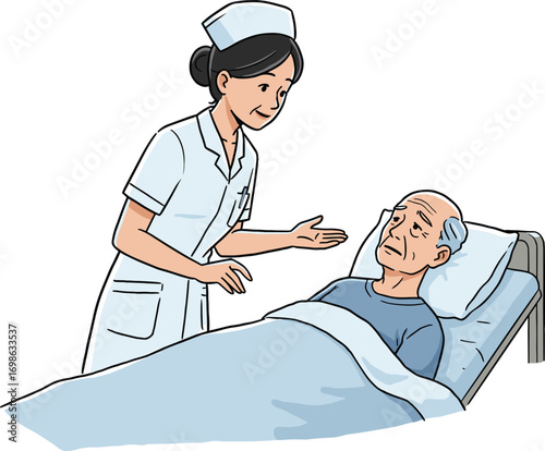 Nurse caring for elderly patient in hospital bed, healthcare support, senior care, medical assistance, nurse and patient interaction