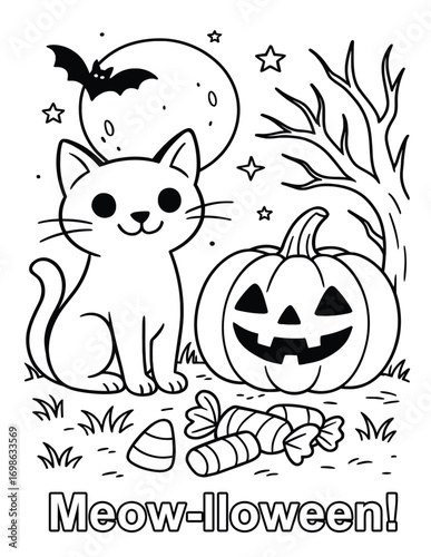 A coloring page with a cat, pumpkin, candies, bat, moon, and the text meow-lloween