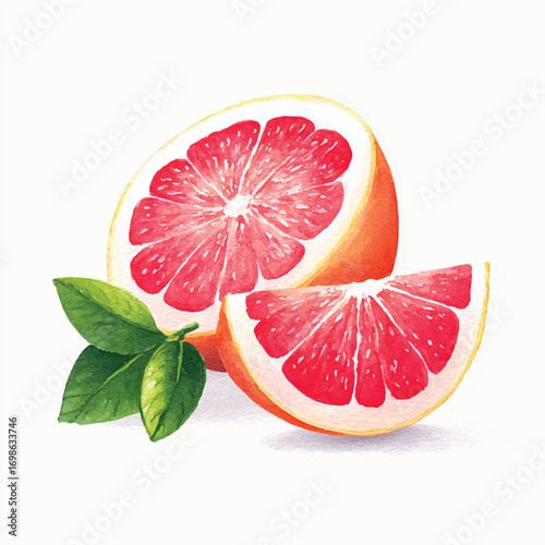 Fresh Red Grapefruit Slices with Green Leaves.