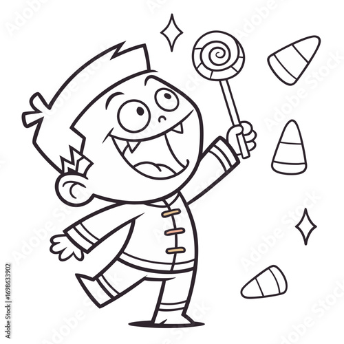 Cute Frankenstein monster laughing while juggling candy corn and lollipops, Halloween coloring page vector illustration