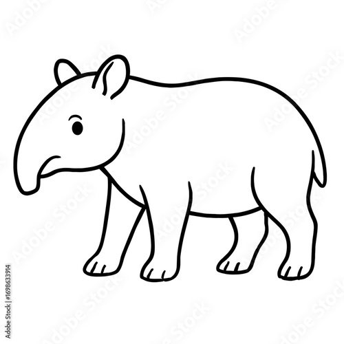 Tapir coloring page, a black and white outline drawing for kids and children. This printable artwork provides creative, educational fun for learning about jungle mammals and diverse wild habitats.