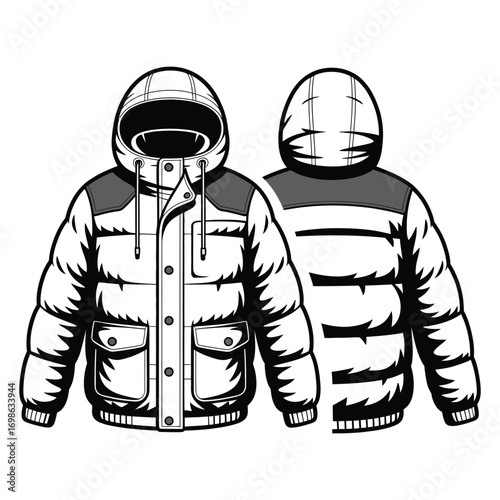 Flat sketch technical cad drawing of stylish unisex padded puffer jacket with detachable hood and multiple pockets must-have winter outerwear design