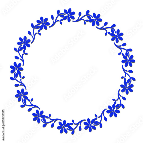 Floral wreath with blue flowers on black background