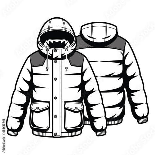 Unisex padded puffer jacket fashion flat sketch technical cad drawing showcasing detachable hood multiple pockets essential warm winter outerwear design