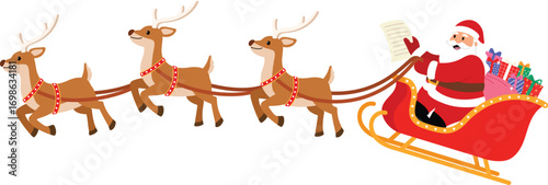 Smile Santa Claus Character Riding Sleigh with Reineers with Gift and List Paper, Flying Santa Claus on sleigh with Reindeer for christmas illustration