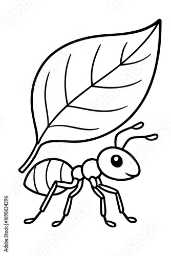 Adorable black and white cartoon ant, smiling, diligently carrying a big leaf on its back, perfect for children's coloring pages, nature education, craft projects, insect studies, and simple art activ