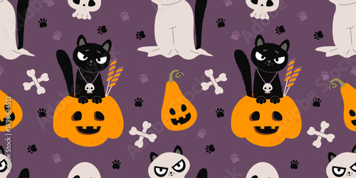 Cute Halloween Seamless pattern. Black Cat with Candy treat in Pumpkin jack o lantern and Ghost animal on purple background. Vector illustration. Horizontal Template for festive design. Not AI