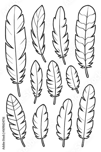 Collection of Eleven Stylized Black and White Line Art Feathers. Hand-Drawn Bird Feather Outlines, Perfect for Coloring Pages, Vector Illustrations, Clip Art, and Graphic Design. Versatile Elements fo