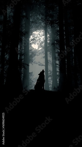 Mysterious wolf silhouette howling beneath the ethereal glow of a luminescent moon amidst deep