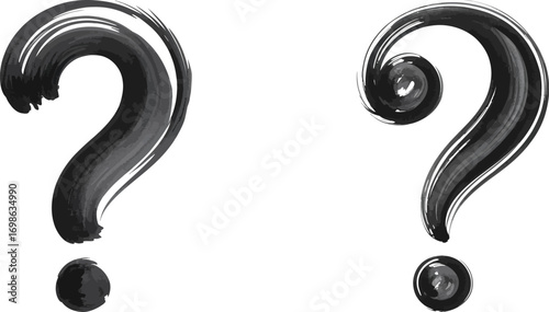 Two abstract, hand-painted question marks in black ink on a white background symbolize curiosity and uncertainty.
