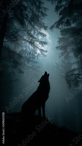 A lone wolf silhouette howling at the moon in a mysterious, misty forest environment