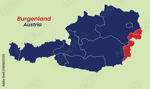 Map of Austria, Map of Austria states Vector Illustration, Burgenland, Carinthia, Lower Austria, Upper Austria, Salzburg, Styria, Tyrol (Tirol), Vorarlberg, Vienna.
