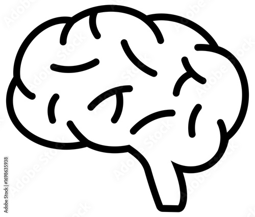 A simple line icon of a human brain, showing the left hemisphere with its characteristic convolutions. Ideal for concepts related to thinking, intelligence, psychology, or mental health.