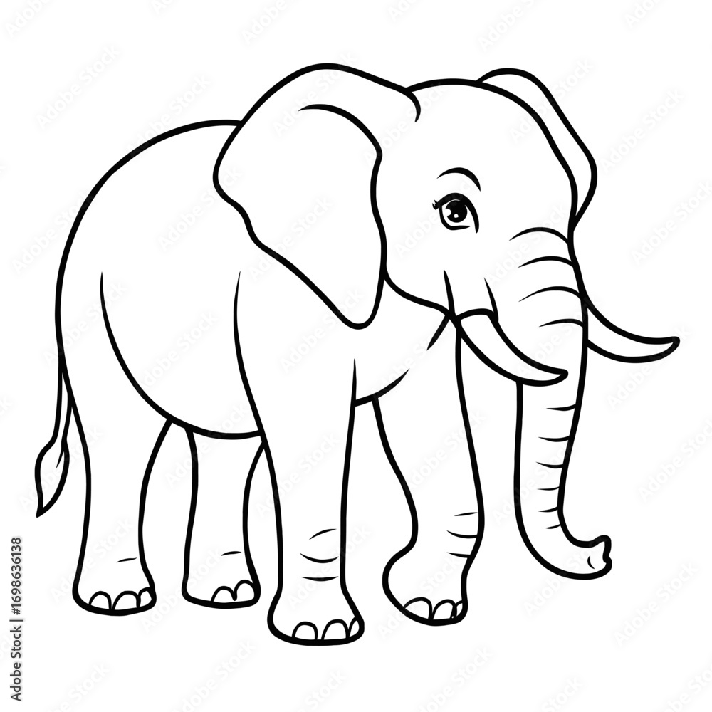 Obraz premium Charming Cartoon Elephant Outline for Coloring and Creative Projects – Detailed Black Line Art Drawing of a Majestic African or Asian Elephant Standing Gracefully on a White Background, Perfect for Ch