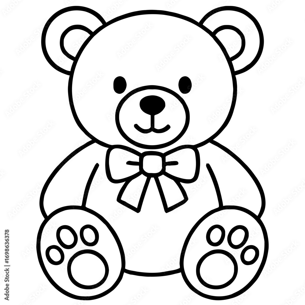 Fototapeta premium Cute cartoon teddy bear outline illustration for kids coloring page, simple black and white drawing of a sweet stuffed animal with a bow, perfect for children's activities, nursery decor, crafts, and 