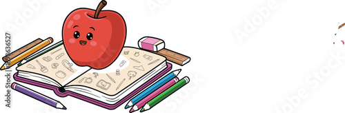 Cute apple character sits on an open book surrounded by school supplies