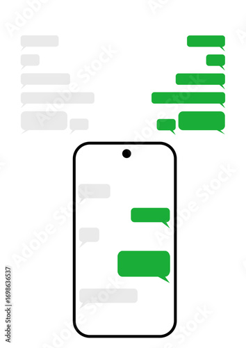Vector illustration of mobile phone with chat bubbles and separate speech on white background. Mobile chat interface. Smartphone screen with green and gray message bubbles in minimalist flat design