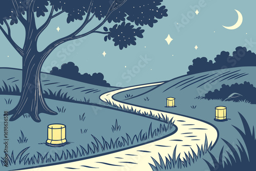 A winding path illuminated by lanterns under a starry night sky