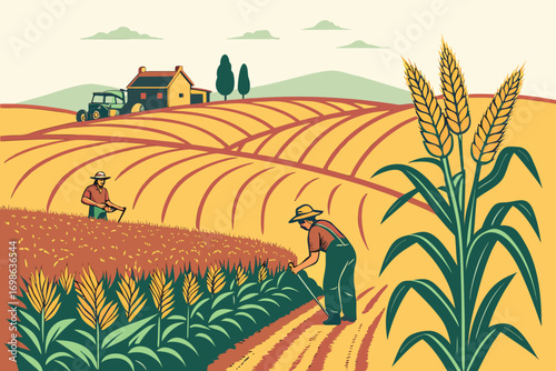 Farmers working in a stylized cornfield with a tractor and farmhouse