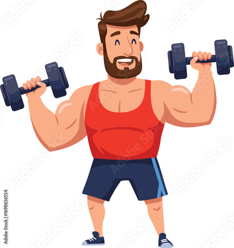 Strong man lifting dumbbells wearing red tank top and shorts, cartoon vector illustration of male bodybuilder doing workout.