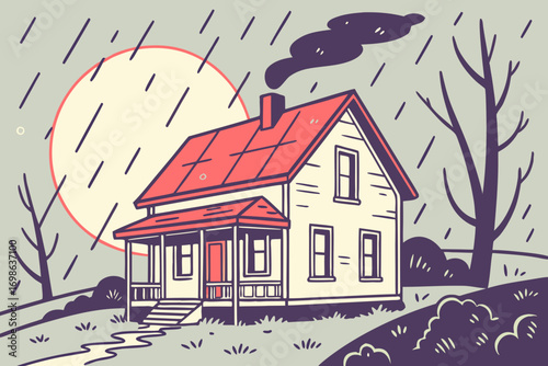 Cozy house with red roof in the rain with sun behind clouds