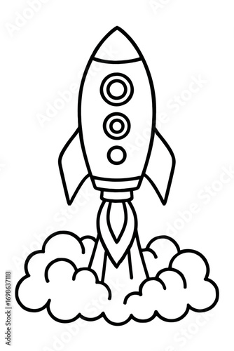 Simple Outline Rocket Launch Icon: Cartoon Spacecraft Taking Off with Exhaust Smoke, Perfect for Kids' Activities, Coloring Books, Educational Materials, Modern Startup Business Innovation Concepts Ve