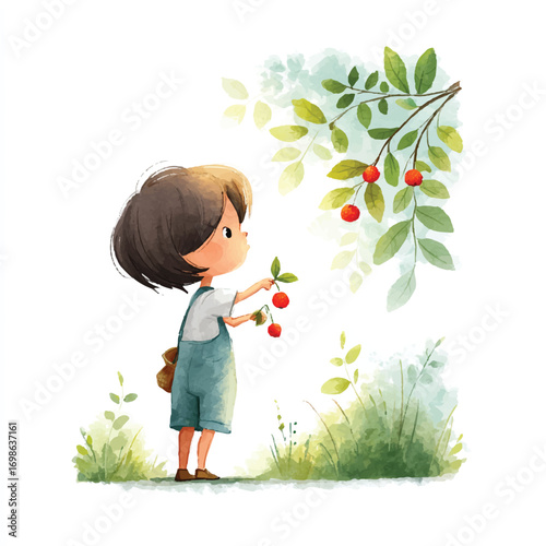 Girl Picking Cherries from a Tree Branch in a Garden.