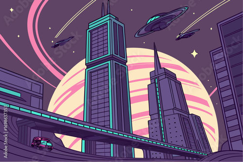 Futuristic cityscape with flying saucers and a giant planet