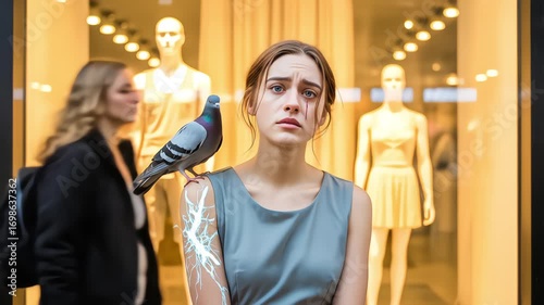 A sad, injured woman with a pigeon and glowing cracks on her skin stands ignored by passersby in a surreal urban scene