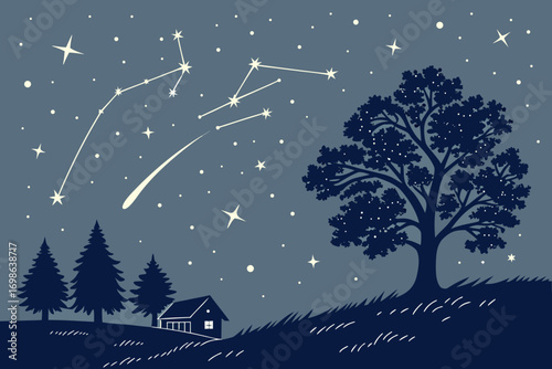 Peaceful night sky with constellations shooting star and silhouetted landscape