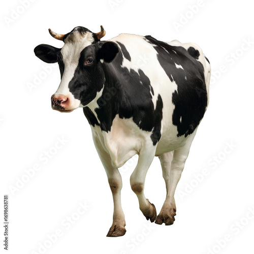 A cow is walking on a white background