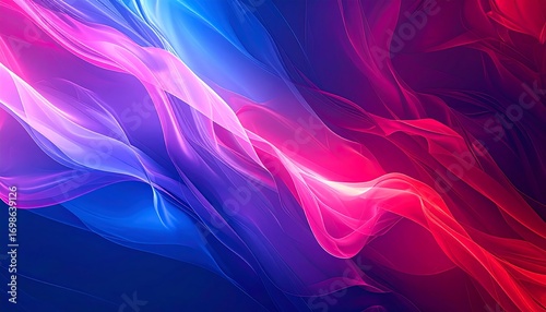 Abstract digital artwork with flowing, layered ribbons of color, transitioning from blue to purple to red against a dark background