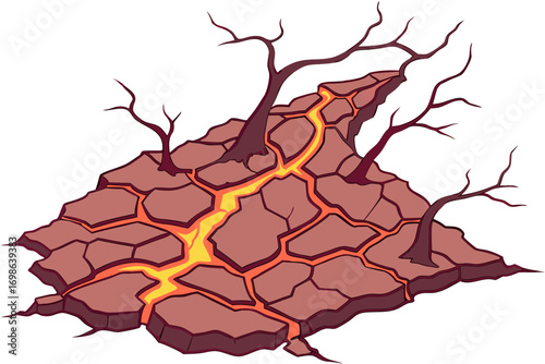 Cartoon cracked lava ground with glowing magma