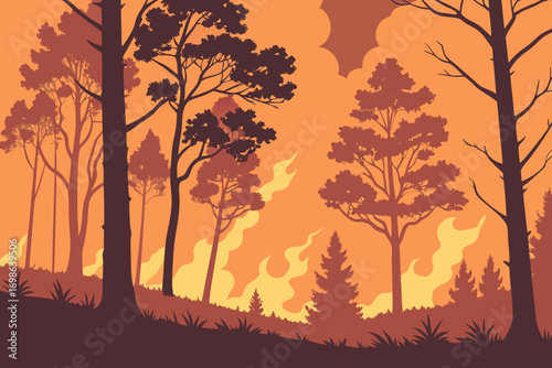 Burning forest fire scene with smoke and trees ablaze