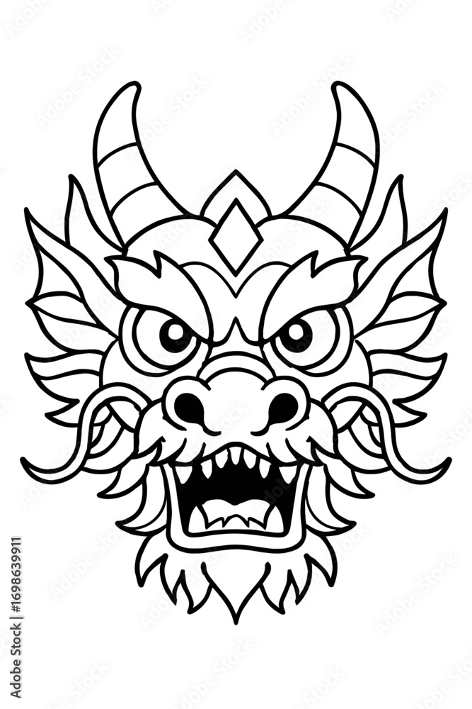 Fototapeta premium Intricate Chinese Dragon Head Line Art Illustration | Majestic Asian Dragon Design for Coloring Pages, Tattoo Designs, and Cultural Art Projects | Traditional Mythical Creature Vector Graphic Artworks