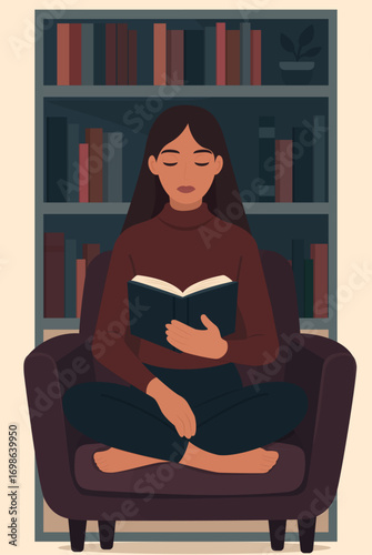 Vector illustration of a girl sitting in a chair and reading a book