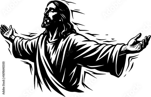 silhouette vector of Jesus Praying with Outstretched Arms in Garden Scene – Emotional Christian Illustration of Prayer, Fragmented Artistic Style, Spiritual Religious Artwork