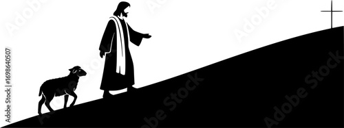 silhouette vector of Jesus Guiding Lamb Toward Salvation on Glowing Hillside – Peaceful Christian Artwork, Pastoral Religious Illustration