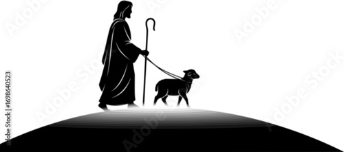 silhouette vector of Jesus Guiding Lamb Toward Salvation on Glowing Hillside – Peaceful Christian Artwork, Pastoral Religious Illustration