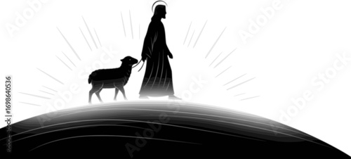 silhouette vector of Jesus Guiding Lamb Toward Salvation on Glowing Hillside – Peaceful Christian Artwork, Pastoral Religious Illustration
